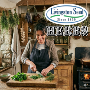 a woman in a rustic kitchen with bunches of herbs hanging from the ceiling is chopping herbs